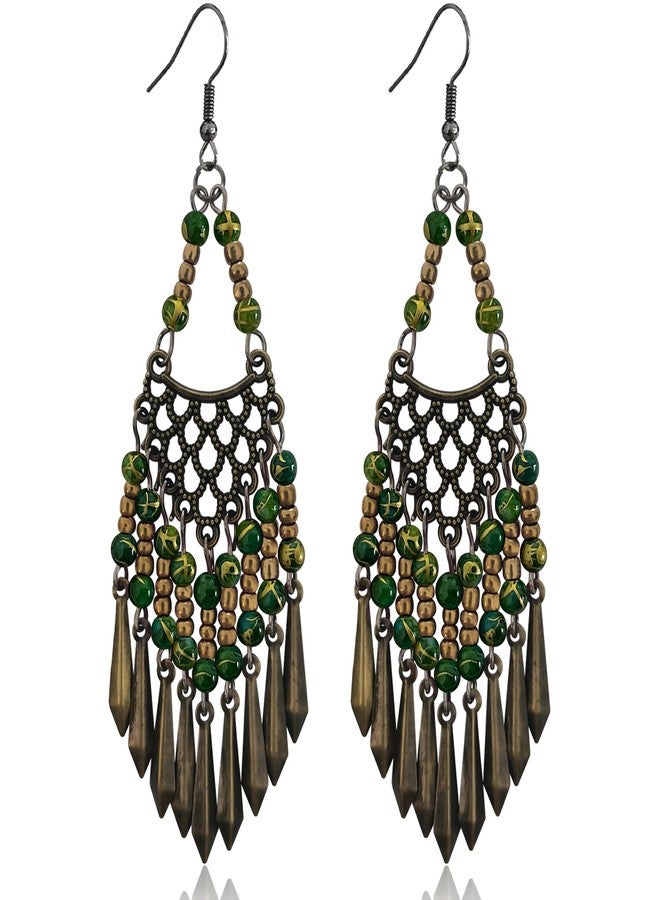 KVANU Handmade Vintage Bronze Bohemian Long Tassel Colorful Bead Dangle Drop Earrings Big Tribal Chandelier Geometry Hook Earrings for Women Girls Statement Jewelry Gifts (Green) - Image 1