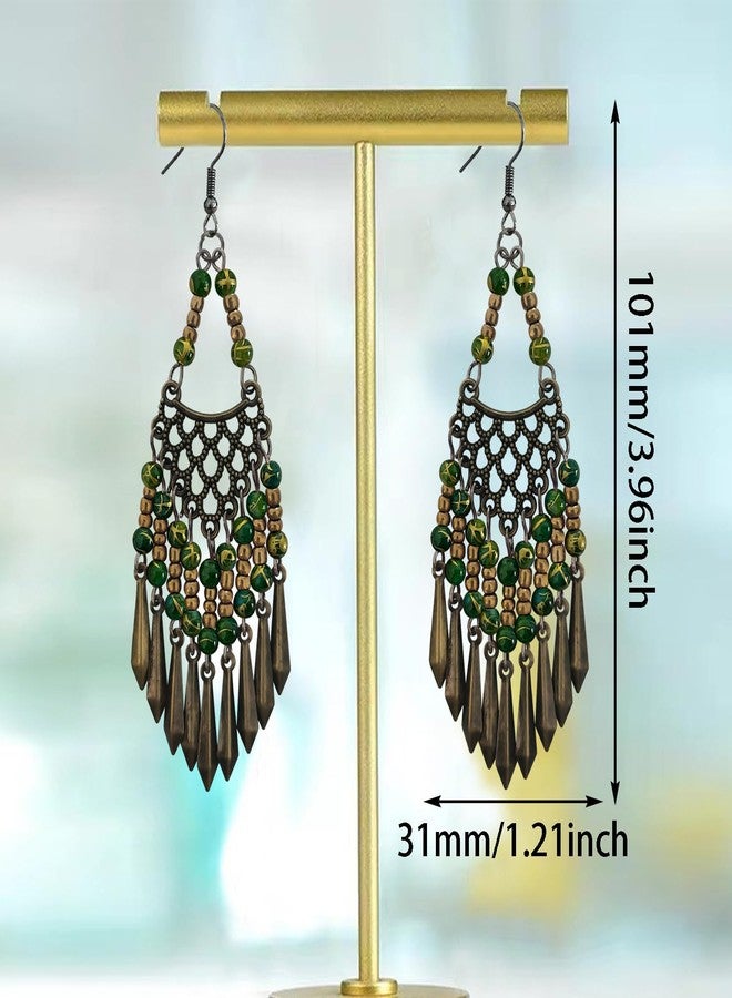 KVANU Handmade Vintage Bronze Bohemian Long Tassel Colorful Bead Dangle Drop Earrings Big Tribal Chandelier Geometry Hook Earrings for Women Girls Statement Jewelry Gifts (Green) - Image 2