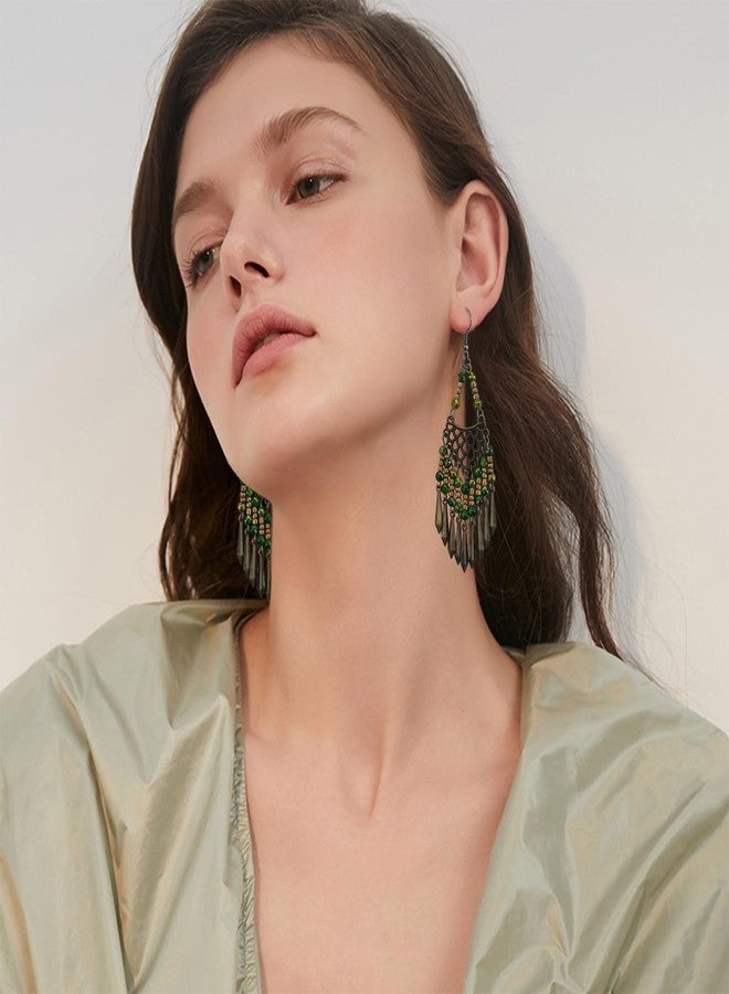 KVANU Handmade Vintage Bronze Bohemian Long Tassel Colorful Bead Dangle Drop Earrings Big Tribal Chandelier Geometry Hook Earrings for Women Girls Statement Jewelry Gifts (Green) - Image 5