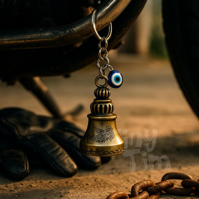 Tiny Tim Store Guardian Bell with Evil Eye Charm – Protective Motorcycle & Car Accessory – Tibetan-Inspired Design – Wards Off Negative Energy – Ideal Gift for Bikers & Travelers - Image 3