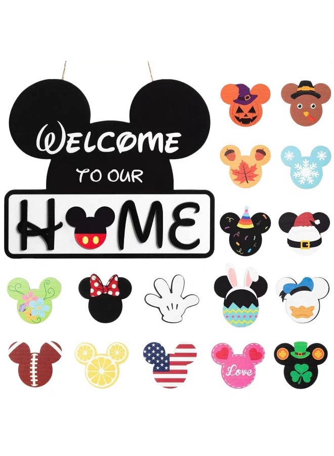 ILovhaprty Mickey Wooden Welcome Sign for Front Door – 26×22 cm Interchangeable Home Décor Sign with 18 Mickey Mouse Head Attachments, Velcro-Back Swappable Decorations for Holidays & Everyday Use - Image 1