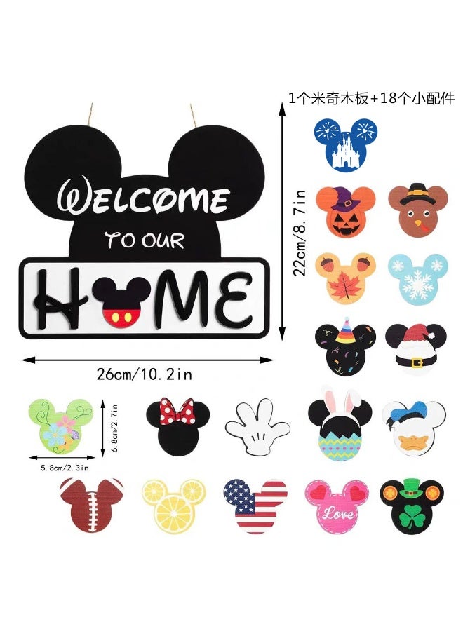ILovhaprty Mickey Wooden Welcome Sign for Front Door – 26×22 cm Interchangeable Home Décor Sign with 18 Mickey Mouse Head Attachments, Velcro-Back Swappable Decorations for Holidays & Everyday Use - Image 2
