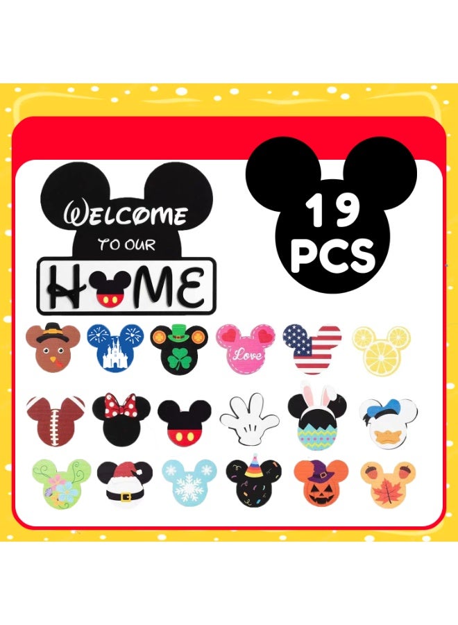 ILovhaprty Mickey Wooden Welcome Sign for Front Door – 26×22 cm Interchangeable Home Décor Sign with 18 Mickey Mouse Head Attachments, Velcro-Back Swappable Decorations for Holidays & Everyday Use - Image 3