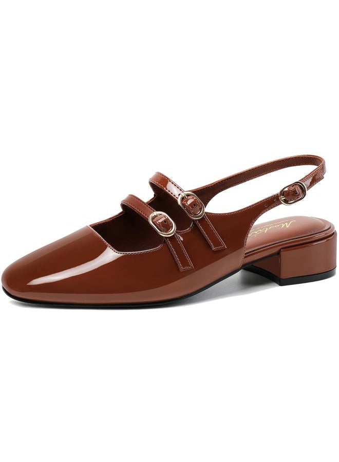 Mostrin Mary Jane Shoes Women Slingback Chunky Block Heels for Women Rounded Toe Ankle Strap Pumps Daily Wedding Party Dress Shoes, Brown, 7 - Image 1