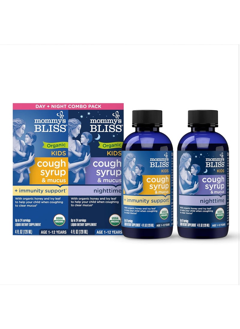 Mommy's Bliss Mommy's Bliss Organic Cough Syrup & Mucus for Kids, Day and Night Combo Pack with Vitamin C and Immunity Support, Contains Organic Honey and Ivy Leaf, 4 Fluid Ounces (2 Bottles) 
