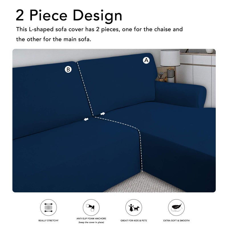 PureFit Super Stretch Sectional Couch Covers - 2 pcs Spandex Non Slip Sofa Covers with Elastic Bottom for L Shape Sectional Sofa Couch, Great for Kids & Pets (3 Seat Sofa + 3 Seat Chaise, Navy) - Image 5