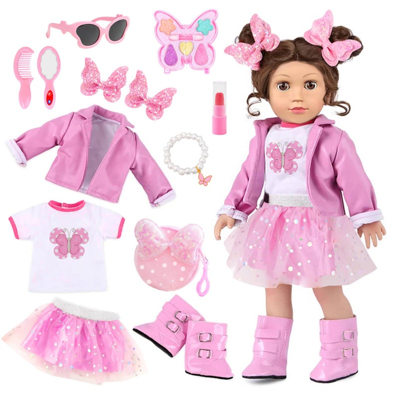 DOTVOSY American 18 Inch Dolls Clothes Pretend Makeup Accessories Gift Playset for GirlsCosmetic Bag Toys Fits for 18 Dolls Include Skirt Outfit Shoes Sunglasses Makeup Stuffs Doll NOT Include - Image 3