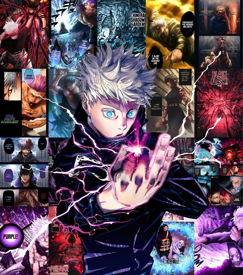 Moment Prints Gojo Satoru Colored Manga Collage Poster Set - Set of 20, 210 mm x 297 mm, Self Adhesive, Premium-Quality Posters, 300 GSM Paper, Gojo Poster - Glue Dots Included, Cardstock  - Image 2