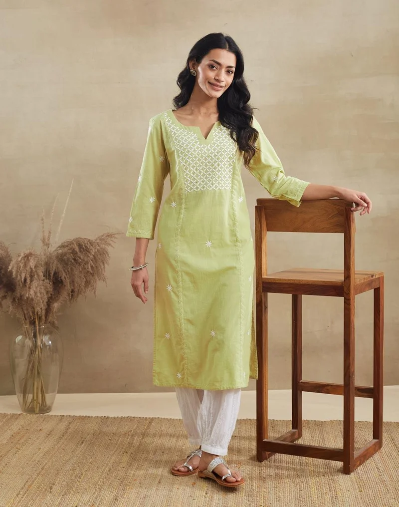 فاب انديا Green Cotton Chikankari Long Kurta