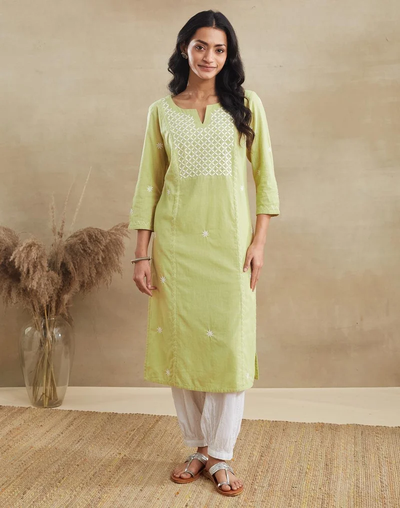 فاب انديا Green Cotton Chikankari Long Kurta