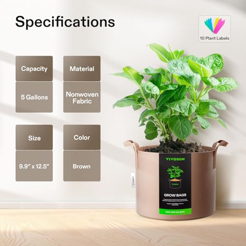 VIVOSUN 5-Pack 5 Gallons Grow Bags Heavy Duty Thickened Nonwoven Fabric Pots with Strap Handles Tan - Image 2
