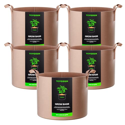 VIVOSUN 5-Pack 5 Gallons Grow Bags Heavy Duty Thickened Nonwoven Fabric Pots with Strap Handles Tan - Image 1