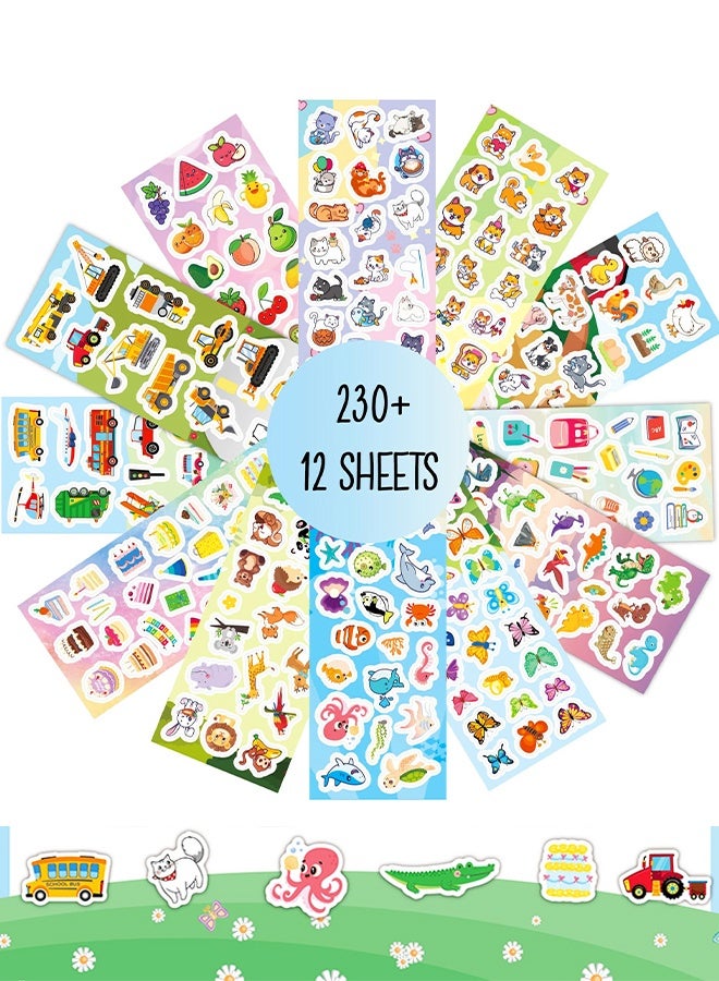 12 Sheets Kids Children Stickers for Scrapbooking, Crafting, Decorating,Over 230 Self Adhesive Paper Stickers ,Party Bag Fillers for Kids, Teacher Classroom Rewards - Image 1