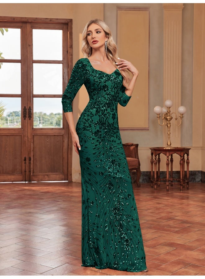 إسكدنيا فستان سهرة طويل بياقات ضيقة مخملي مزخرف بالخرز الأخضر الداكن مع ذيل سمكة وأكمام طويلة - Image 3