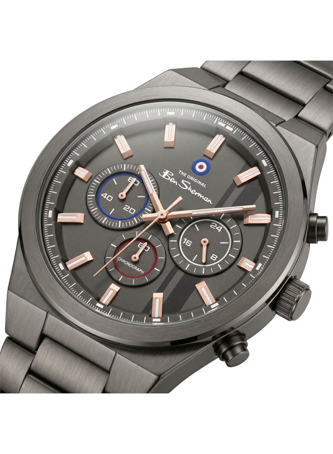 Ben Sherman Canterbury Gunmetal Dial Gunmetal Stainless Steel Bracelet Chronograph Watch for Men, 44mm - Image 2