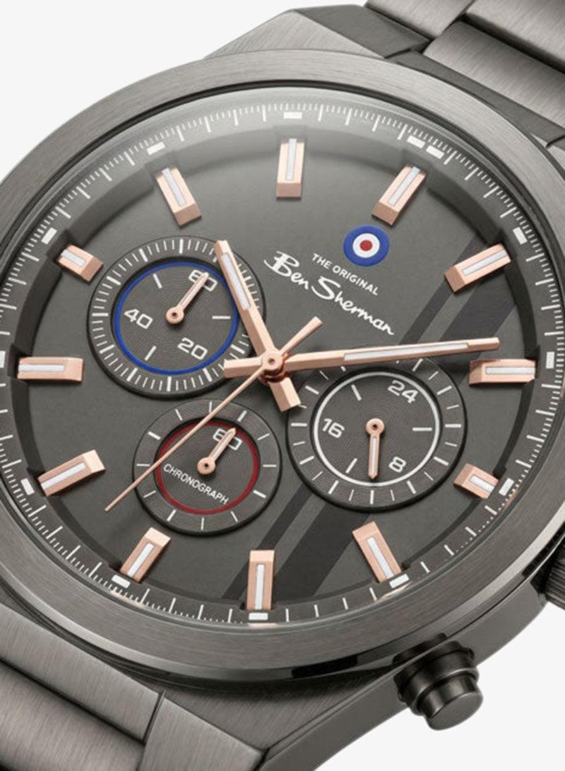 Ben Sherman Canterbury Gunmetal Dial Gunmetal Stainless Steel Bracelet Chronograph Watch for Men, 44mm - Image 2
