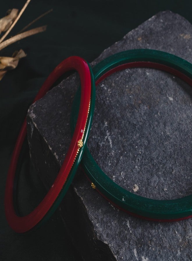 Hem Jewels مجوهرات هيم من أشوك للمجوهرات، أساور بولا مصنوعة يدوياً من الذهب الأصفر عيار 22 (916) / تشودا زفاف / تشوراس للنساء مع شهادة نقاء (مجموعة من قطعتين) - أحمر أخضر (2.6 آني) - Image 2