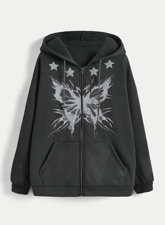 Take Two Black Butterfly Print Hooded Jacket