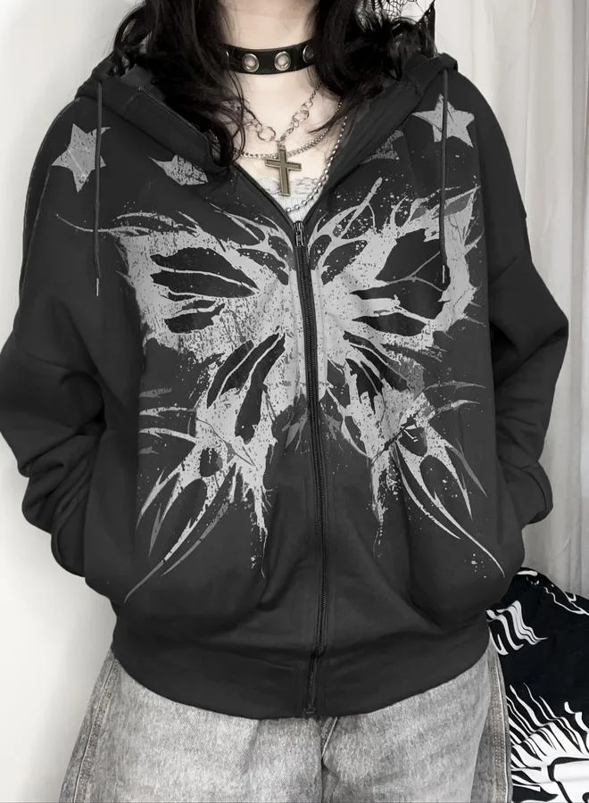 Take Two Black Butterfly Print Hooded Jacket
