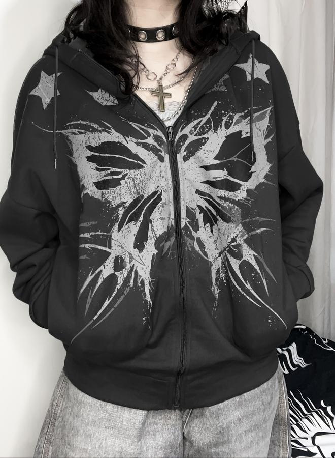 Take Two Black Butterfly Print Hooded Jacket - Image 1