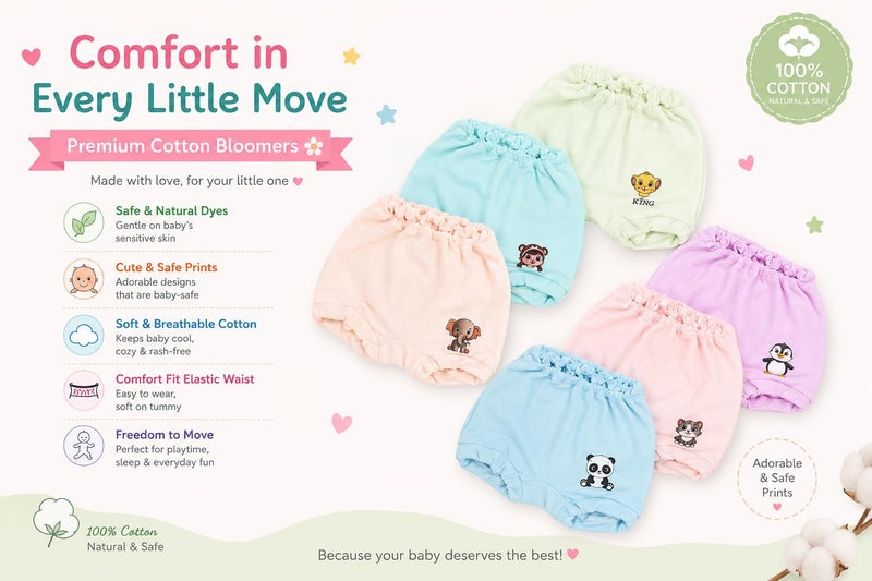 ONLINETREE Pack of 6 Baby Cotton Bloomers | Unisex Printed Underwear for Boys & Girls | 100% Soft Fabric | Elastic Waist | Multicolor | Color & Print May Vary - Image 3