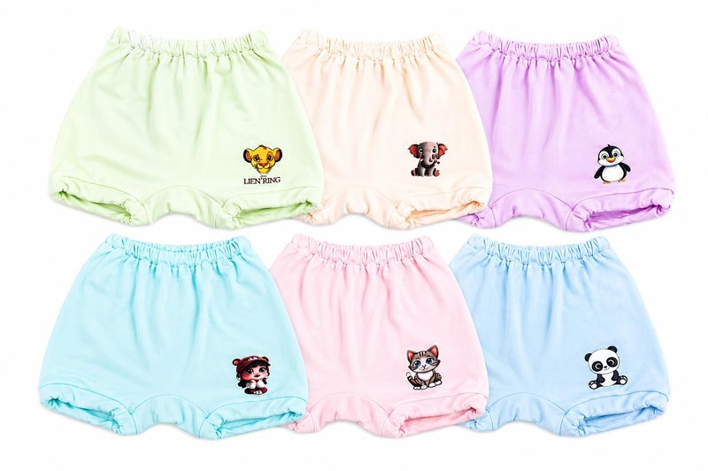 ONLINETREE Pack of 6 Baby Cotton Bloomers | Unisex Printed Underwear for Boys & Girls | 100% Soft Fabric | Elastic Waist | Multicolor | Color & Print May Vary - Image 1