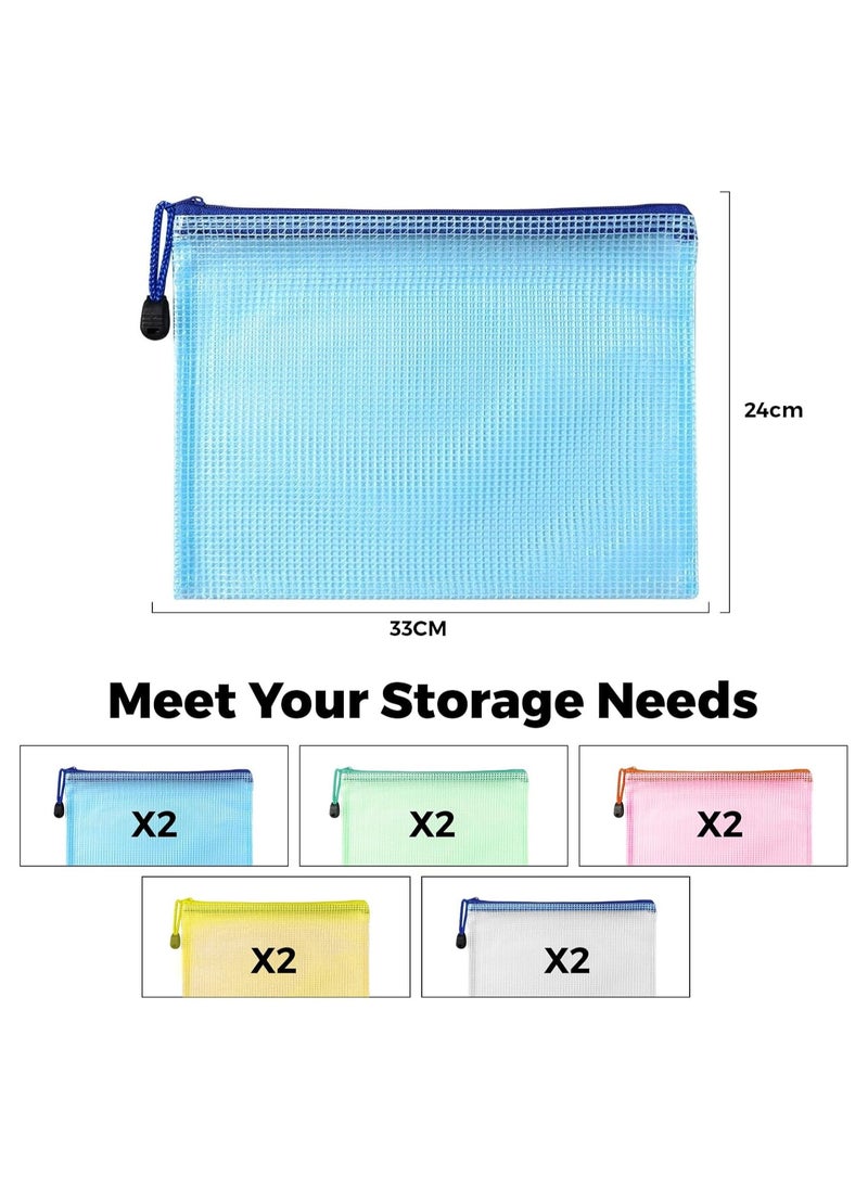 DELGREEN A4 Files Folder 5 Colors  Zip Lock Mesh Document Files Plastic Wallet Folder for School Office Home Homework Travel Storage (10 Pack)  - Image 3