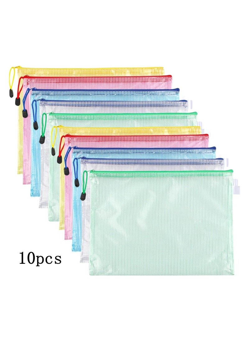 DELGREEN A4 Files Folder 5 Colors  Zip Lock Mesh Document Files Plastic Wallet Folder for School Office Home Homework Travel Storage (10 Pack)  - Image 1