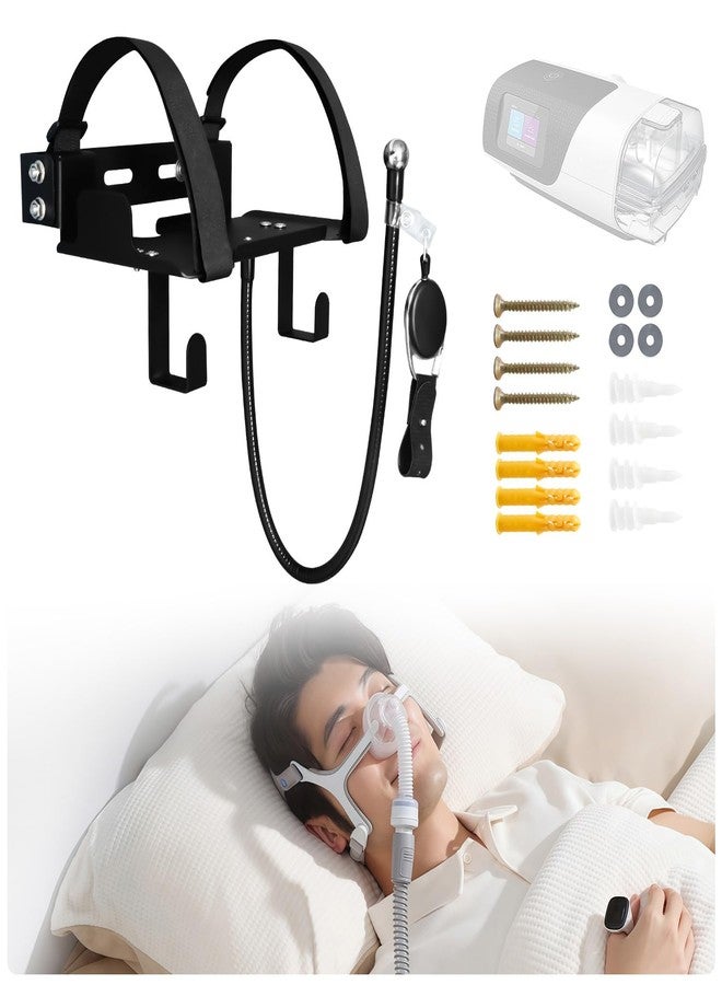 رف معدني جداري لجهاز AirSense 11 مزود بحامل خرطوم قابل لتعديل الزاوية وخطاف للقناع، تصميم متين وقوي، يوفر المساحة، يمنع تشابك الخرطوم، سهل التركيب، حامل جهاز التنفس بجانب السرير - Image 1