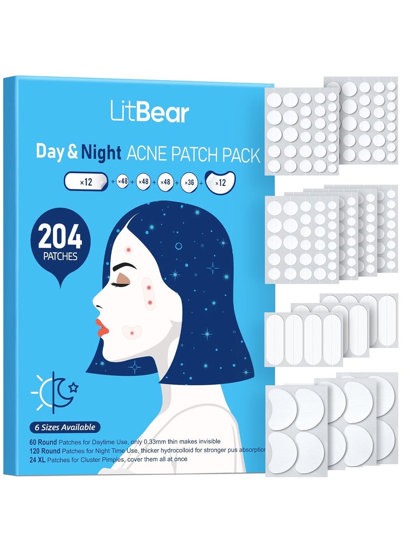 LitBear LitBear Acne Pimple Patches Day and Night 6 Sizes 204 Dots Thin  Thick Hydrocolloid Patches with Witch Hazel Tea Tree  Calendula Oil Extra Adhesion for Face Zit Patch Dots 