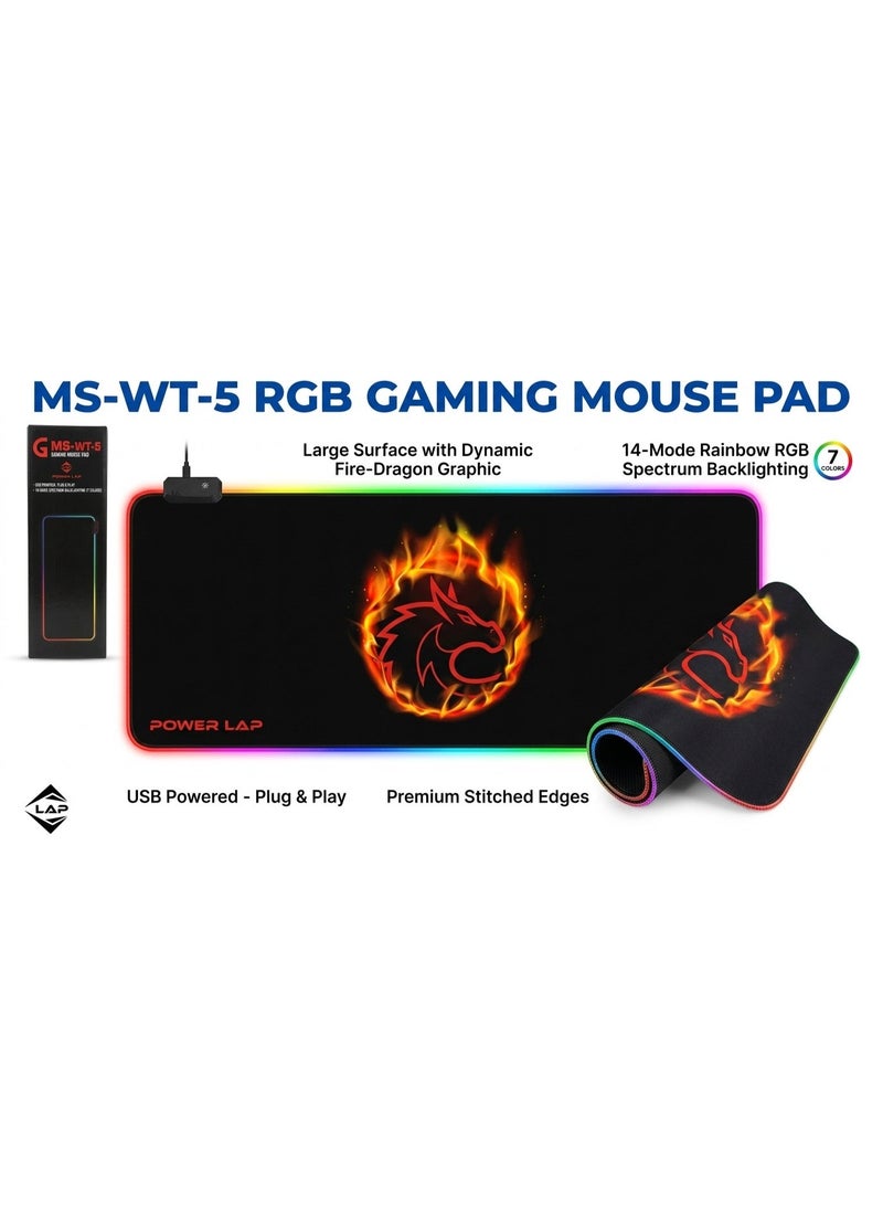 بور لاب  ماوس باد ألعاب Power Lap GMS-WT-5 RGB مع 14 وضع إضاءة، رسمة تنين ناري، سطح كبير - Image 1