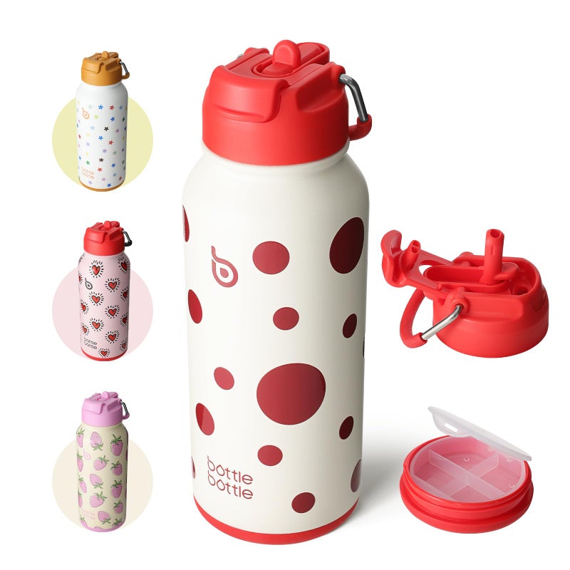 BOTTLE BOTTLE 32oz Insulated Water Bottle Stainless Steel Sport Water Bottle with Straw Dual-use Lid Design for Gym with Pill Box (Polka Pop) - Image 1