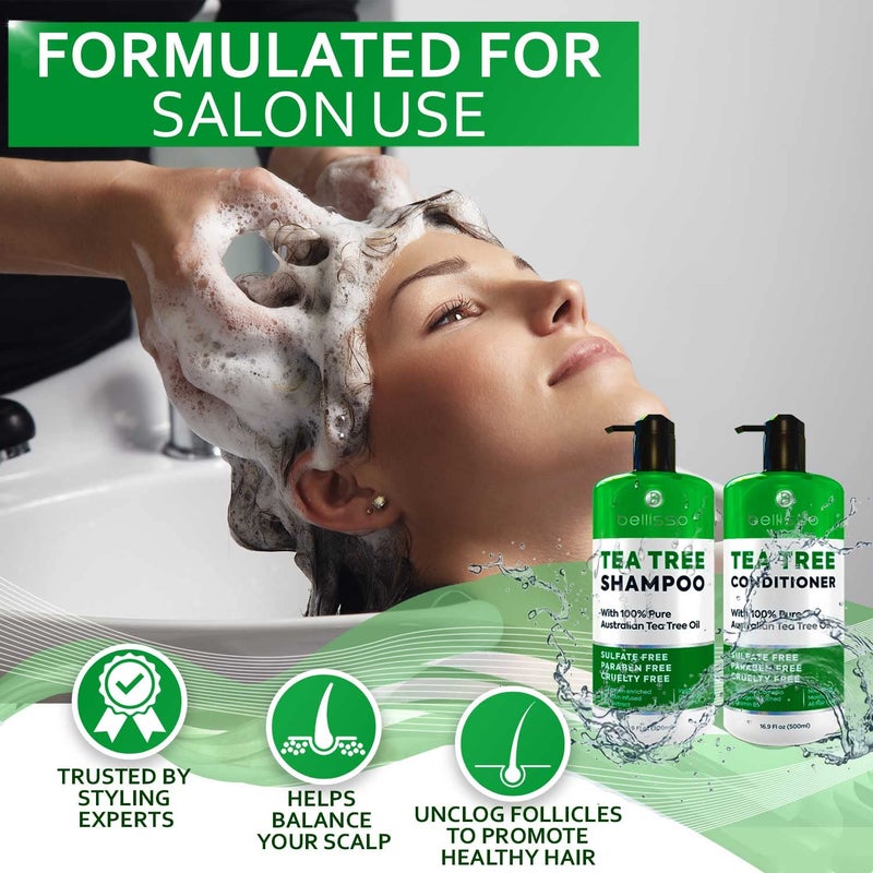 BELLISSO Tea Tree Shampoo and Conditioner Set â€“ with 100% Pure Australian Tea Tree Oil - Anti Dandruff Sulfate and Paraben Free - Dry Scalp Treatment with Keratin, Vitamin B5, Collagen for Women and Men - Image 5