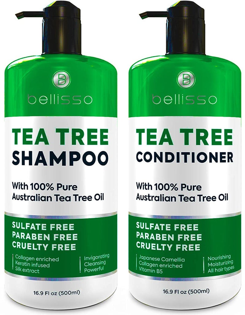 BELLISSO Tea Tree Shampoo and Conditioner Set â€“ with 100% Pure Australian Tea Tree Oil - Anti Dandruff Sulfate and Paraben Free - Dry Scalp Treatment with Keratin, Vitamin B5, Collagen for Women and Men - Image 1