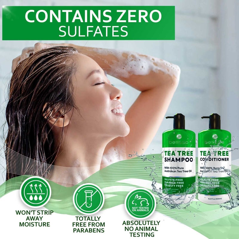 BELLISSO Tea Tree Shampoo and Conditioner Set â€“ with 100% Pure Australian Tea Tree Oil - Anti Dandruff Sulfate and Paraben Free - Dry Scalp Treatment with Keratin, Vitamin B5, Collagen for Women and Men - Image 4