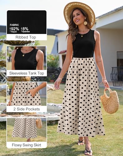 Zattcas Spring Summer Dresses for Women 2026 Sleeveless Ribbed Tank Top Patchwork A Line Flowy Modest Teacher Church Business Casual Work Long Maxi Dress with Pockets Black Apricot S - Image 5
