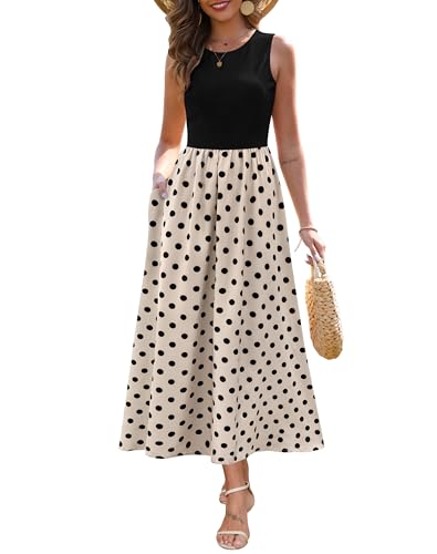 Zattcas Spring Summer Dresses for Women 2026 Sleeveless Ribbed Tank Top Patchwork A Line Flowy Modest Teacher Church Business Casual Work Long Maxi Dress with Pockets Black Apricot S - Image 1