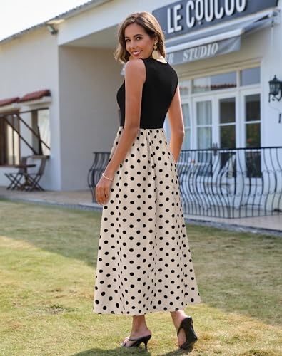 Zattcas Spring Summer Dresses for Women 2026 Sleeveless Ribbed Tank Top Patchwork A Line Flowy Modest Teacher Church Business Casual Work Long Maxi Dress with Pockets Black Apricot S - Image 4