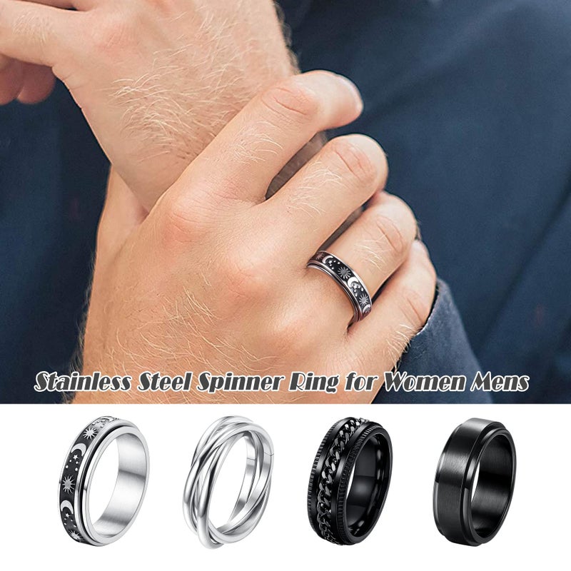 FUNRUN JEWELRY 4Pcs Stainless Steel Fidget Anxiety Ring for Women Men Fidget Spinner Rings Moon Star Celtic Stress Relieving Spinning Ring Wedding Band Rings Set(BS8) - Image 3