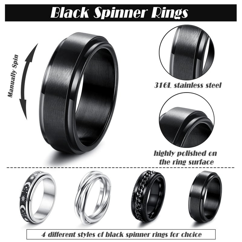 FUNRUN JEWELRY 4Pcs Stainless Steel Fidget Anxiety Ring for Women Men Fidget Spinner Rings Moon Star Celtic Stress Relieving Spinning Ring Wedding Band Rings Set(BS8) - Image 2
