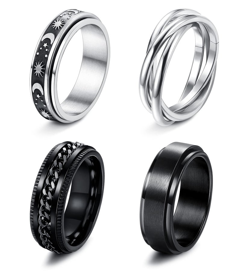 FUNRUN JEWELRY 4Pcs Stainless Steel Fidget Anxiety Ring for Women Men Fidget Spinner Rings Moon Star Celtic Stress Relieving Spinning Ring Wedding Band Rings Set(BS8) - Image 1