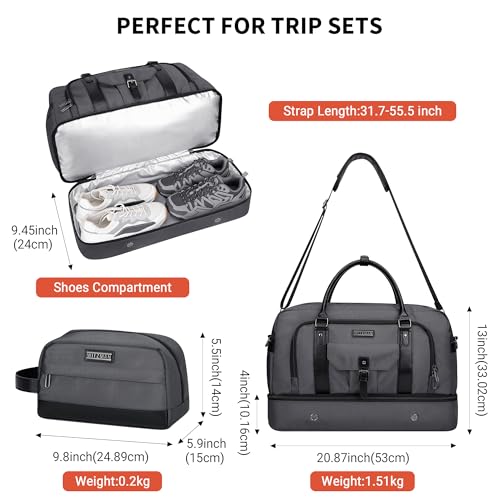 WITZMAN Weekender Bags for Men Carry On Overnight Bag with Toiletry Bag Sets Travel Duffle Bag Shoes Compartment （B694 Silvery Grey） - Image 5