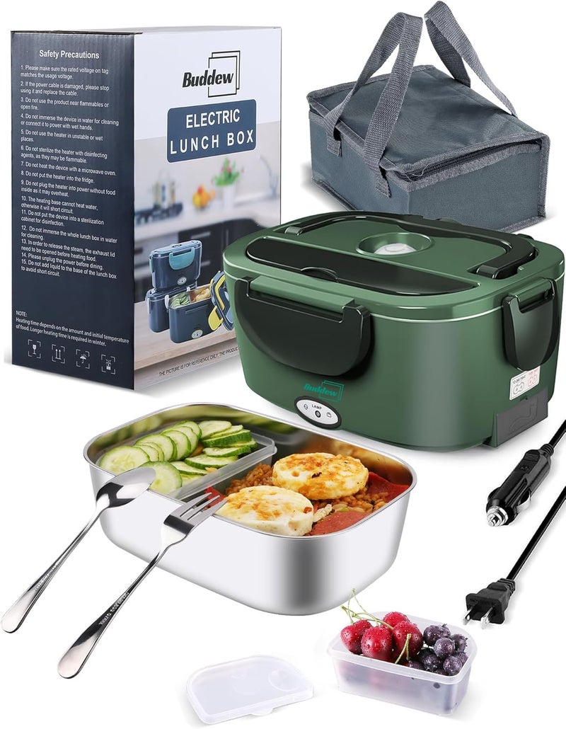 Buddew Electric Heated Lunch Box for Adults - 80W Fast Heating, 1.5L Food-Grade Stainless Steel, 12V/24V/110V Portable Food Warmer for Work Travel Car, Lonchera Electrica Portatil - Image 1