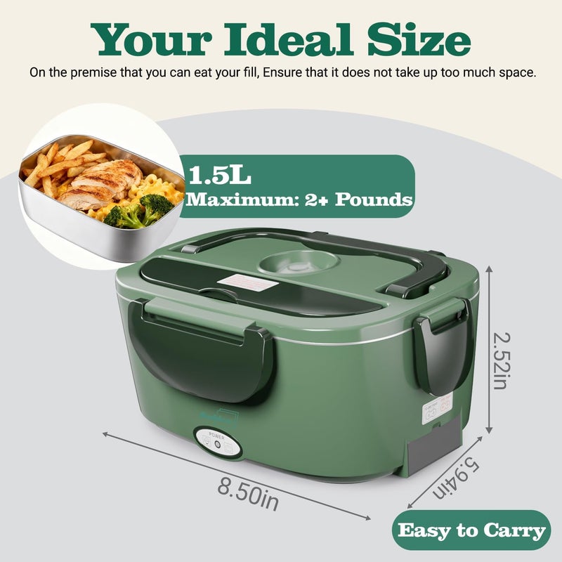Buddew Electric Heated Lunch Box for Adults - 80W Fast Heating, 1.5L Food-Grade Stainless Steel, 12V/24V/110V Portable Food Warmer for Work Travel Car, Lonchera Electrica Portatil - Image 3