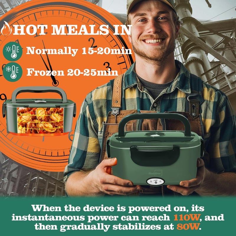 Buddew Electric Heated Lunch Box for Adults - 80W Fast Heating, 1.5L Food-Grade Stainless Steel, 12V/24V/110V Portable Food Warmer for Work Travel Car, Lonchera Electrica Portatil - Image 2