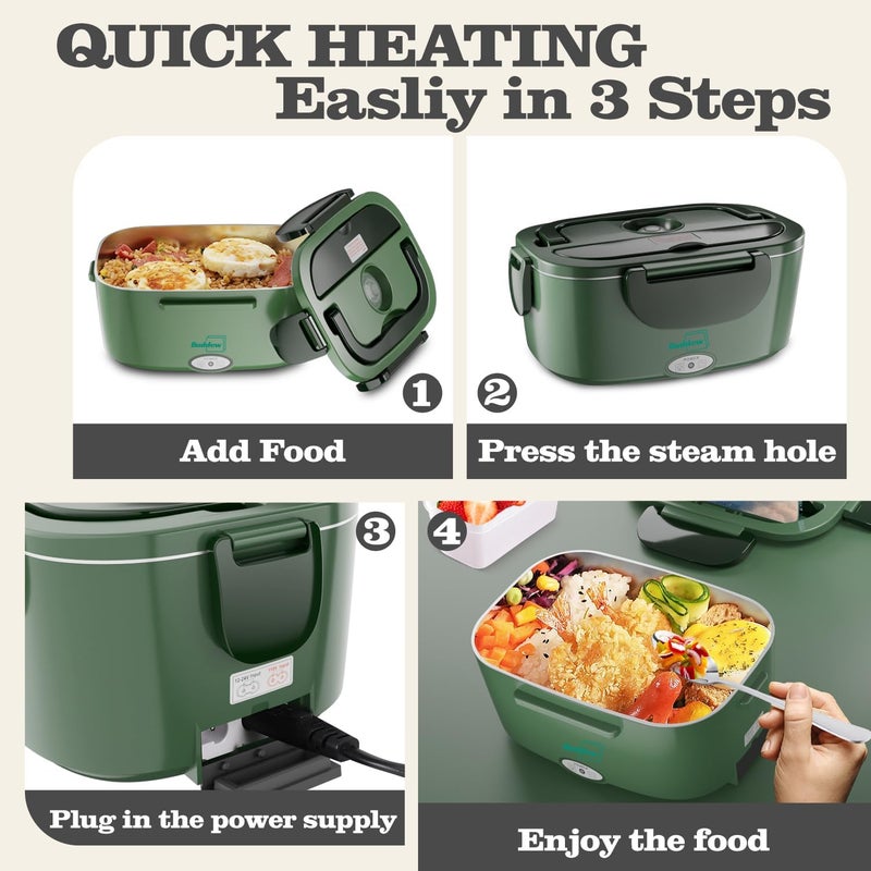 Buddew Electric Heated Lunch Box for Adults - 80W Fast Heating, 1.5L Food-Grade Stainless Steel, 12V/24V/110V Portable Food Warmer for Work Travel Car, Lonchera Electrica Portatil - Image 4