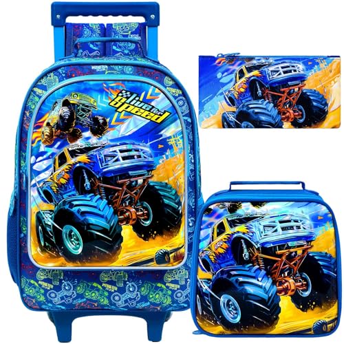 UFNDC 4PCS Rolling Backpack for Boys, Cute Kids Truck Wheeled Bookbag，Roller School Bag with Wheels for Elementary Preschool Travel - Image 1