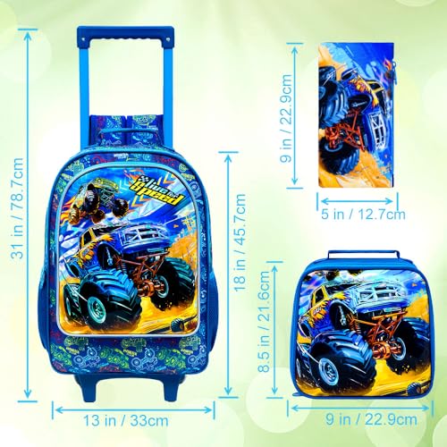 UFNDC 4PCS Rolling Backpack for Boys, Cute Kids Truck Wheeled Bookbag，Roller School Bag with Wheels for Elementary Preschool Travel - Image 4
