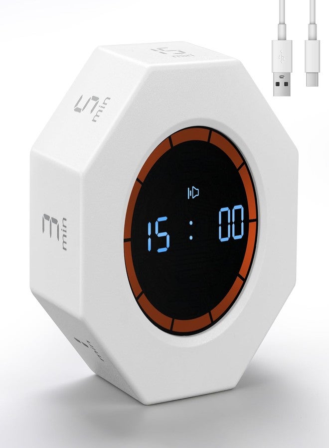 Kaflin Small Rechargeable Pomodoro Timer, Gravity Sensor Auto-Rotating 7 Preset Times (1/3/5/15/30/60/90 min) & Count Up Mode, Digital Kitchen Timers for Cooking, Work and Study (Pearl White) - Image 1