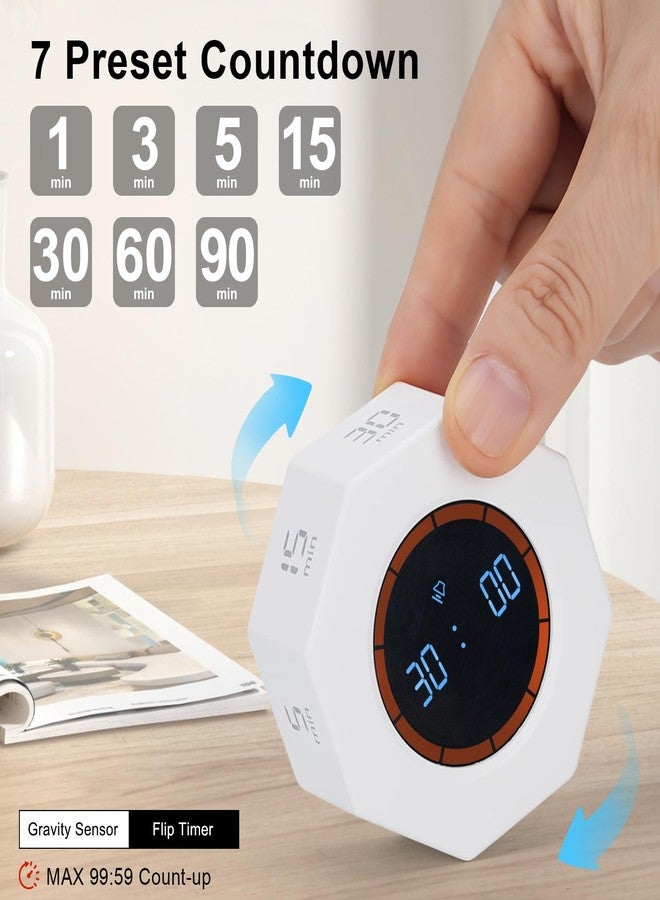 Kaflin Small Rechargeable Pomodoro Timer, Gravity Sensor Auto-Rotating 7 Preset Times (1/3/5/15/30/60/90 min) & Count Up Mode, Digital Kitchen Timers for Cooking, Work and Study (Pearl White) - Image 2